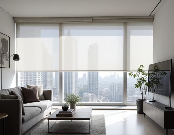 Sleek motorised blinds in a modern city apartment with minimalist decor.
